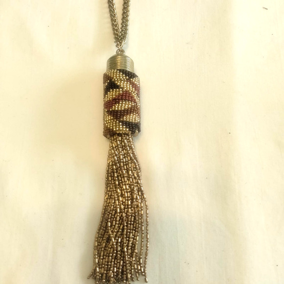 Iris Apfel & Bajalia Gold Brown Rust Metal Beaded Tassel Statement Necklace - Picture 4 of 11